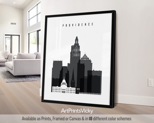 Black and white fine art print of Providence cityscape featuring iconic landmarks and architecture in a minimalist style, by ArtPrintsVicky.