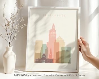 Art print of the Providence city skyline featuring buildings in pastel colors.
