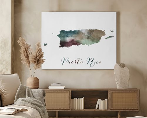 Watercolor map of Puerto Rico with the text 'Puerto Rico' in a decorative font.