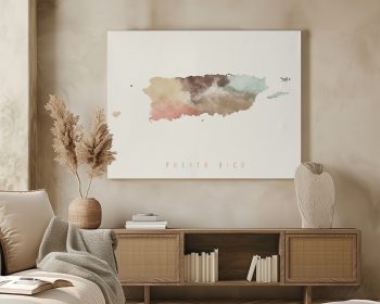 Watercolor map of Puerto Rico with soft colors and artistic design.