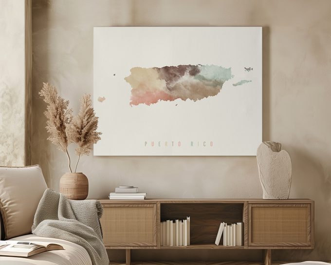 Watercolor map of Puerto Rico with soft colors and artistic design.