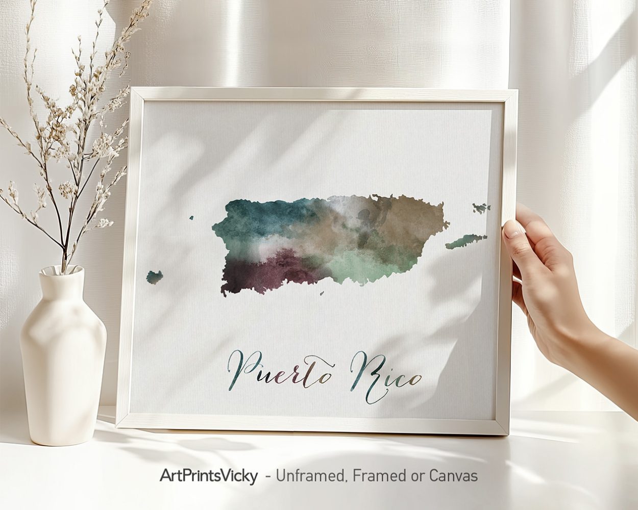 Artistic representation of a map of Puerto Rico with watercolor effects in green and brown tones.