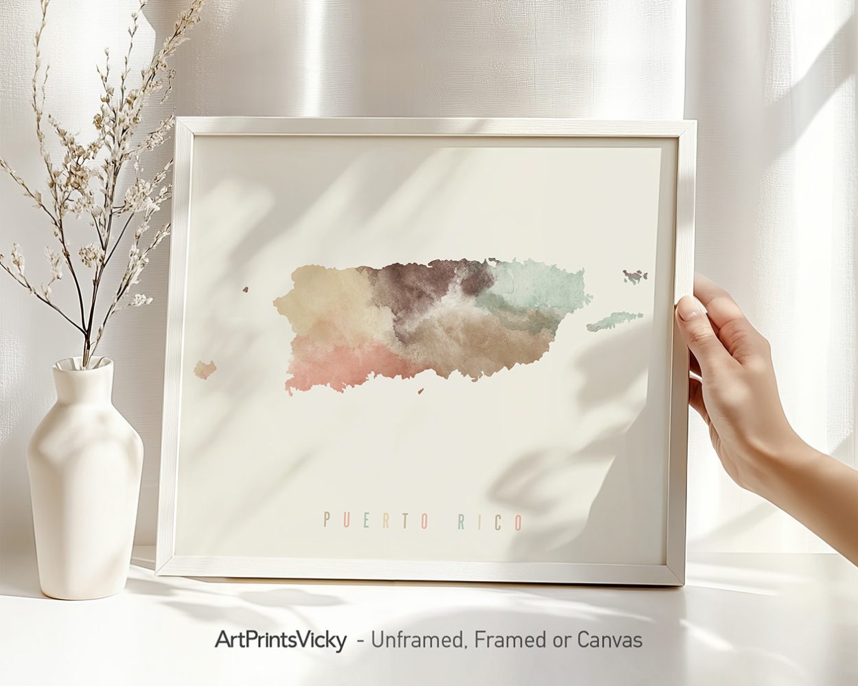 Art print featuring a watercolor map of Puerto Rico in soft colors with the text 'Puerto Rico' below.