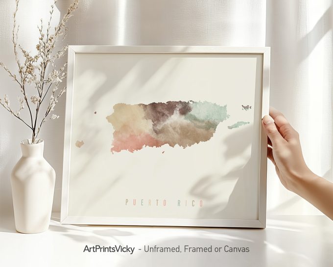 Art print featuring a watercolor map of Puerto Rico in soft colors with the text 'Puerto Rico' below.