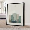 Art print of the Quebec City skyline featuring various building silhouettes in muted colors.