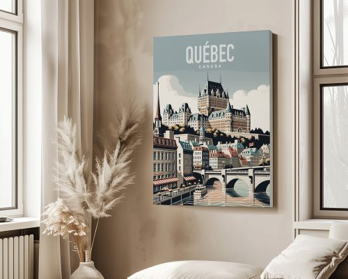 Art print of Quebec City featuring the Château Frontenac and surrounding buildings.