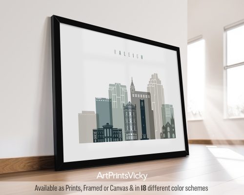 Raleigh, NC landscape skyline featuring iconic landmarks and the urban cityscape in a rich and inviting Earth Tones 4 palette, by ArtPrintsVicky.