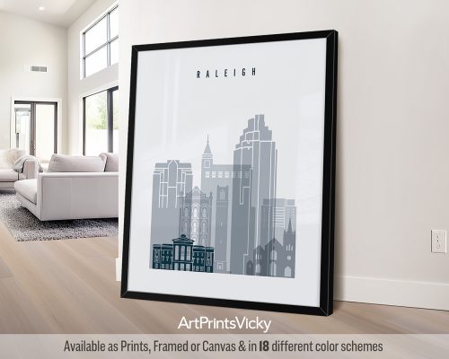 Raleigh skyline art print featuring iconic landmarks in a cool and sophisticated grey blue palette. by ArtPrintsVicky.