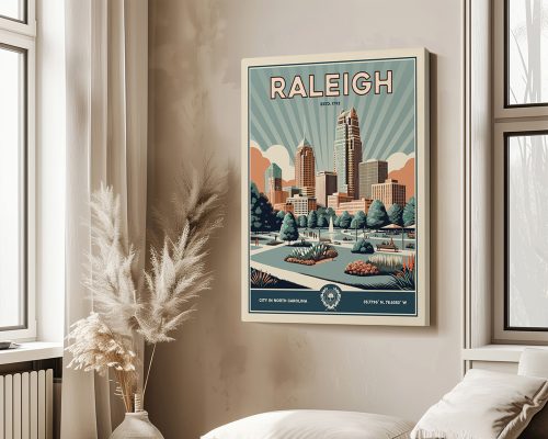 Art print featuring a stylized depiction of Raleigh, North Carolina with skyscrapers and greenery.