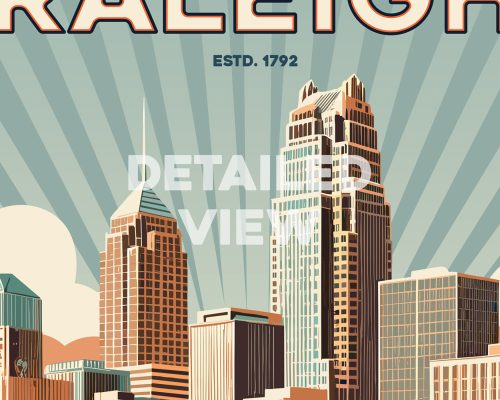 Illustration of Raleigh city skyline featuring prominent buildings and a sunburst background.