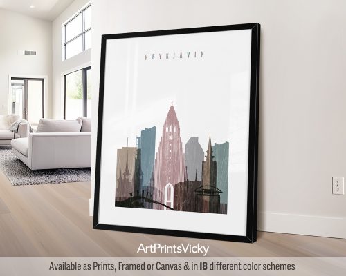 Reykjavik city poster featuring colorful architecture in a textured Distressed 1 style. by ArtPrintsVicky.