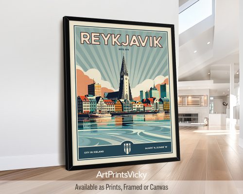 Reykjavik Print Inspired by Retro Travel Art by ArtPrintsVicky