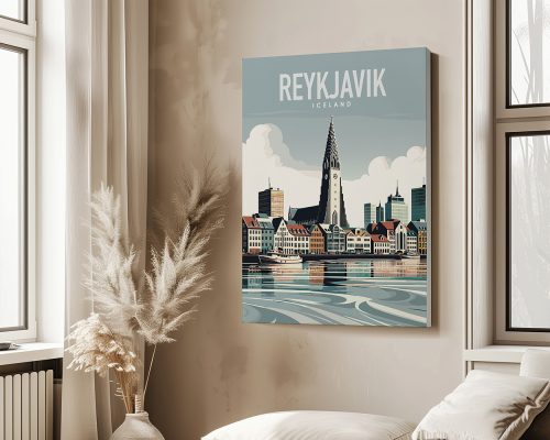 Illustration of Reykjavik, Iceland featuring buildings and a church tower against a cloudy sky.