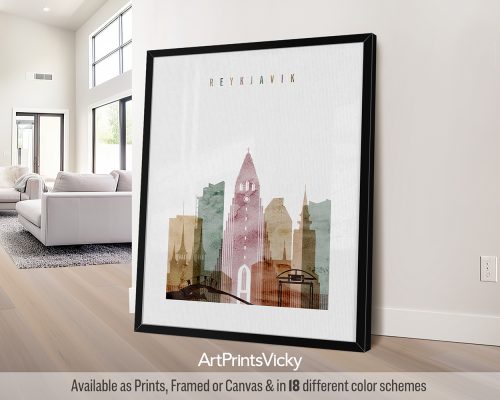 Reykjavik city skyline print featuring Hallgrímskirkja, vibrant cityscape, and natural surroundings in a rich and textured, warm Watercolor 1 style, by ArtPrintsVicky.