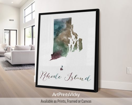 Earthy watercolor painting of the Rhode Island state map, with "Rhode Island" written below in handwritten script, on a textured background. Perfect for those who love the Ocean State's coastal beauty by ArtPrintsVicky.