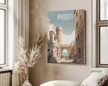 Art print featuring a stylized illustration of Rhodes, Greece with a tower and archway.