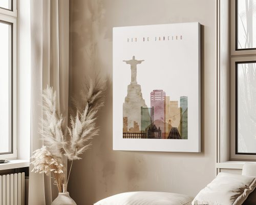 Art print featuring a stylized depiction of Rio de Janeiro with the Christ the Redeemer statue and city skyline.