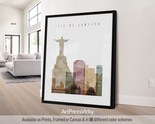 Rio de Janeiro skyline poster featuring Christ the Redeemer, Sugarloaf Mountain, iconic landmarks, in a rich and expressive Watercolor 1 style. by ArtPrintsVicky.