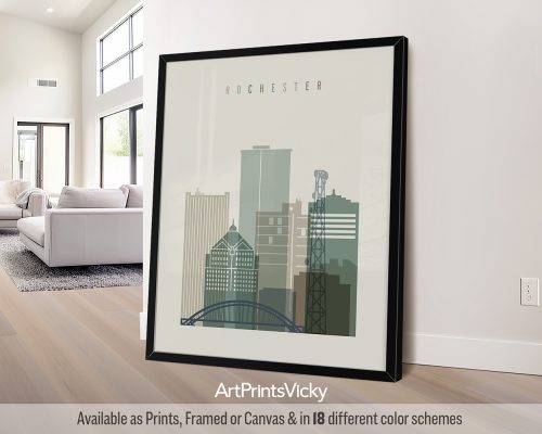 Rochester, New York skyline wall art print featuring the iconic landmarks in a warm and earthy "Earth Tones 1" palette, by ArtPrintsVicky.