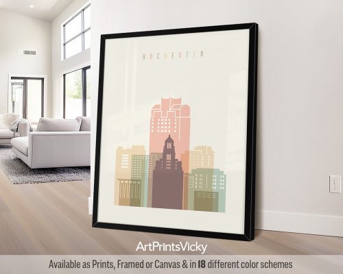 Rochester MN city skyline print in a warm Pastel Cream color theme by ArtPrintsVicky
