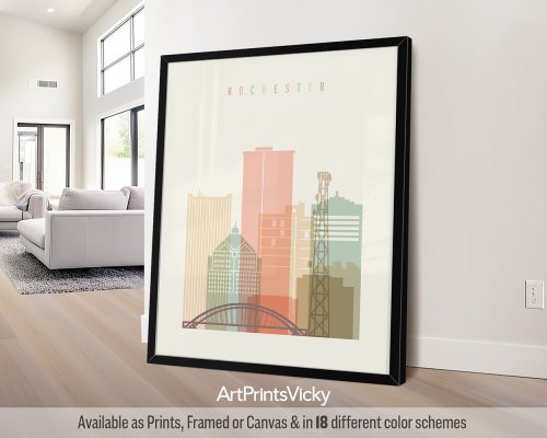 Minimalist Rochester skyline print featuring the iconic landmarks, and vibrant cityscape in a warm, vintage-inspired Pastel Cream palette, by ArtPrintsVicky.