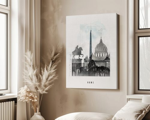 Art print featuring a collage of historical landmarks in Rome, including an equestrian statue and architectural elements.