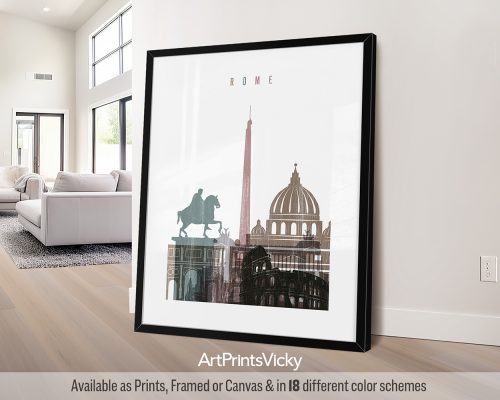 Rome city art print featuring the Colosseum, iconic landmarks, and elegant architecture in a textured and vintage Distressed 1 style. by ArtPrintsVicky.