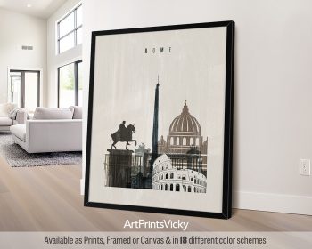 Framed artwork featuring iconic landmarks of Rome, including a horse statue and the dome of St. Peter's Basilica.