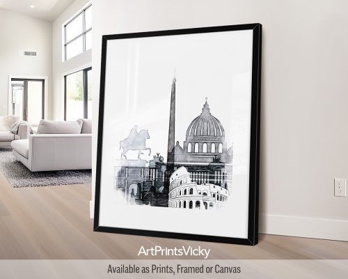 Rome City Poster Drawing in Cool Tones by ArtPrintsVicky
