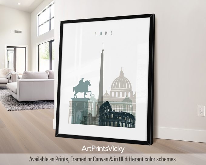Framed artwork depicting a cityscape of Rome with notable landmarks and a statue.