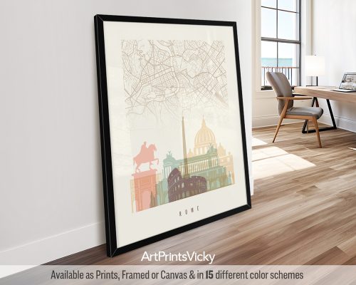 Rome minimalist map and skyline poster featuring the Colosseum, iconic landmarks, and street layout, all rendered in a warm, vintage-inspired Pastel Cream palette. by ArtPrintsVicky.