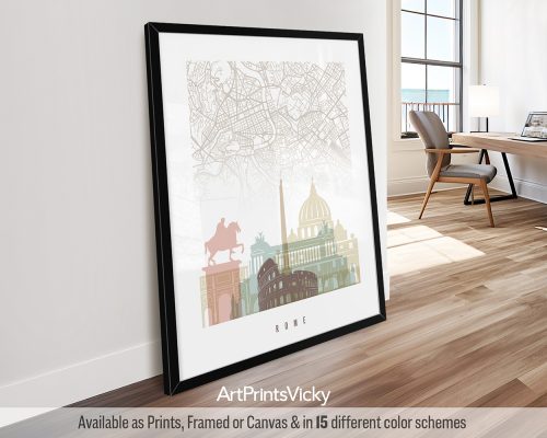 Rome map and skyline poster featuring the Colosseum, iconic landmarks, and a street layout, all rendered in a soft and calming Pastel White palette, by ArtPrintsVicky.