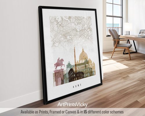 Rome minimalist map and skyline poster featuring the Colosseum, iconic landmarks, and street layout, all rendered in a rich and expressive Watercolor 1 style. by ArtPrintsVicky.