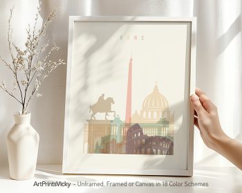 Framed artwork depicting iconic landmarks of Rome with a minimalist design.