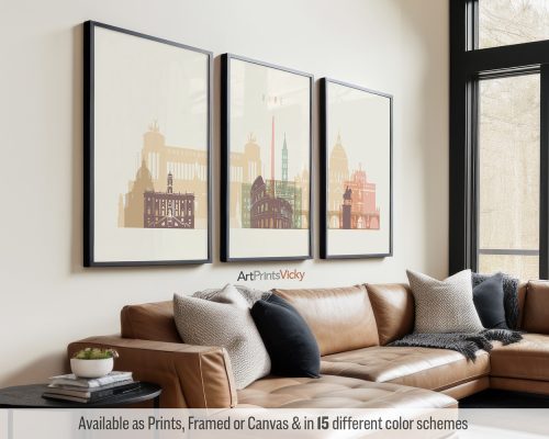 Rome skyline triptych featuring the Colosseum, and other iconic landmarks in a warm and modern Pastel Cream palette, divided into three prints. by ArtPrintsVicky.