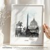 Framed artwork depicting iconic landmarks of Rome, including a horse statue and architectural structures.