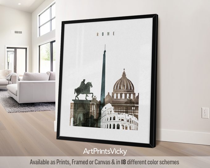 Framed artwork featuring iconic landmarks of Rome including the Colosseum and St. Peter's Basilica.