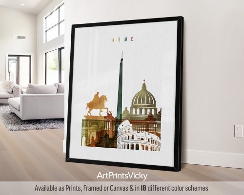 Rome skyline featuring the Colosseum, Trevi Fountain, and other iconic landmarks in a rich and vibrant Watercolor 3 style, by ArtPrintsVicky.