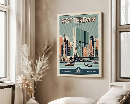 Retro-style poster of Rotterdam featuring city skyline and notable buildings.