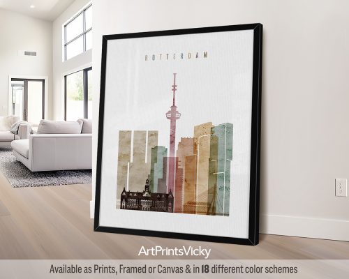Rotterdam skyline featuring the Erasmus Bridge, Cube Houses, and other iconic landmarks in a warm and textured Watercolor 1 style, by ArtPrintsVicky.