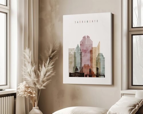 Artistic representation of Sacramento's skyline with various building silhouettes and colors.