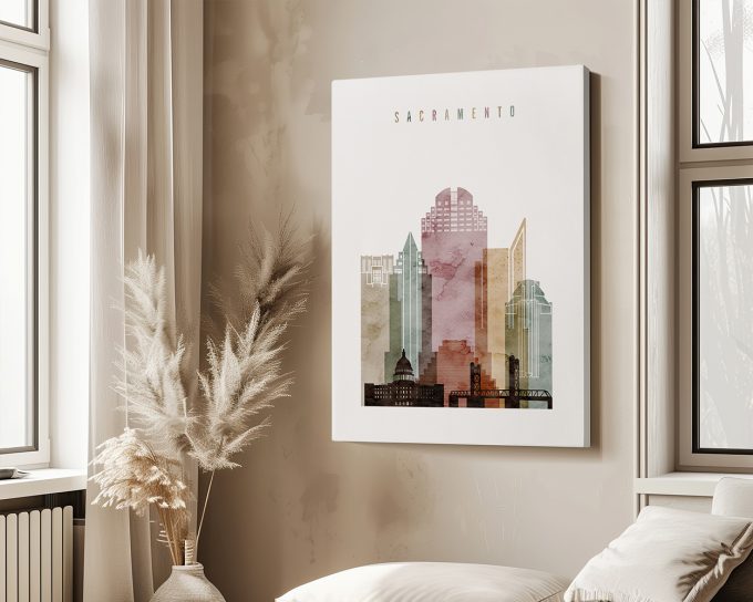 Artistic representation of Sacramento's skyline with various building silhouettes and colors.