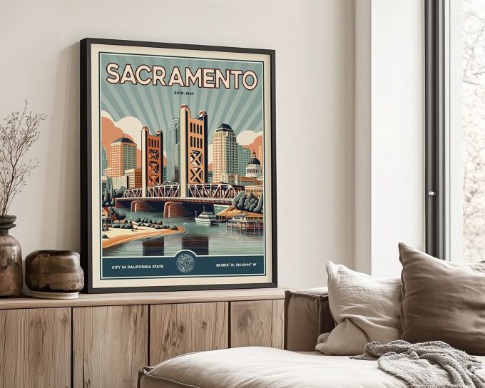 Retro-style poster featuring the Sacramento skyline and the Tower Bridge.