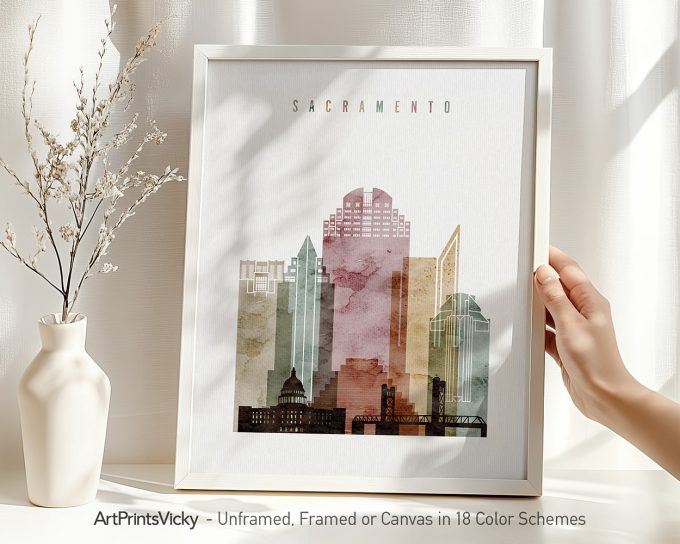Art print featuring a stylized cityscape of Sacramento with various building shapes and colors.