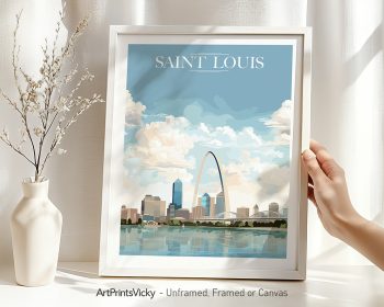 Framed print of Saint Louis featuring the Gateway Arch and city skyline against a blue sky.