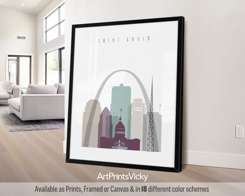 St. Louis modern skyline wall art print featuring the Gateway Arch, iconic landmarks, and vibrant cityscape in a cool and sophisticated Pastel 2 style. by ArtPrintsVicky.