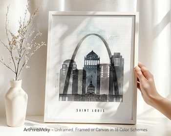 Art print of Saint Louis featuring the Gateway Arch and city skyline in a minimalist style.