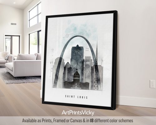 St. Louis city print featuring the Gateway Arch, conic landmarks, and vibrant cityscape in a stylized and sophisticated Urban 1 theme. by ArtPrintsVicky.