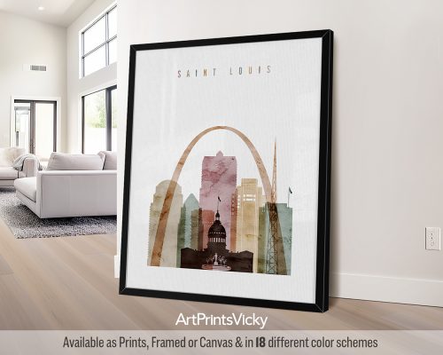 St. Louis modern skyline wall art print featuring the Gateway Arch, iconic landmarks, and vibrant cityscape in a warm and expressive Watercolor 1 style by ArtPrintsVicky.
