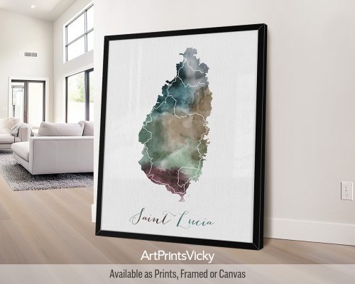 Earthy watercolor painting of the Saint Lucia map, featuring the Pitons, with "Saint Lucia" written below in handwritten script, on a textured background. Perfect for lovers of Caribbean islands by ArtPrintsVicky.